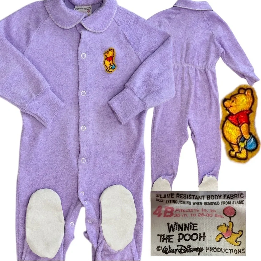 Vintage Disney Winnie Pooh Baby Girl Pajamas Lavender Button Footie Terry Cloth